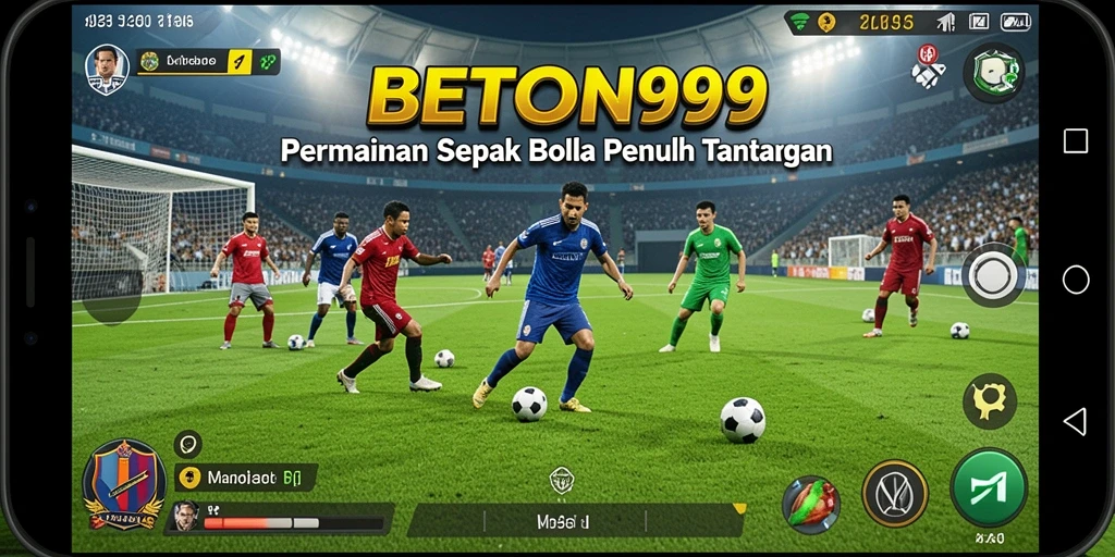 Screenshot gameplay BETON999 menunjukkan aksi pertandingan sepak bola yang mendebarkan.