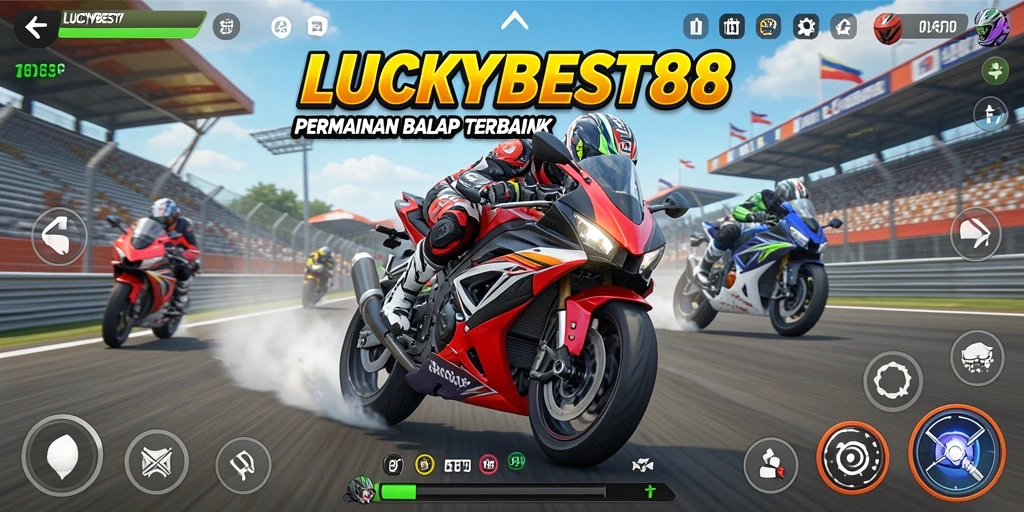 Screenshot utama gameplay LUCKYBEST88 menampilkan aksi balapan motor yang mendebarkan.