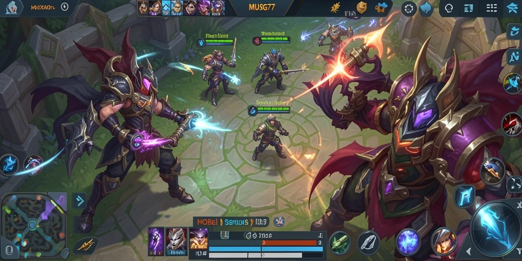 Tampilan gameplay MOBA yang seru di MUSTANG77.