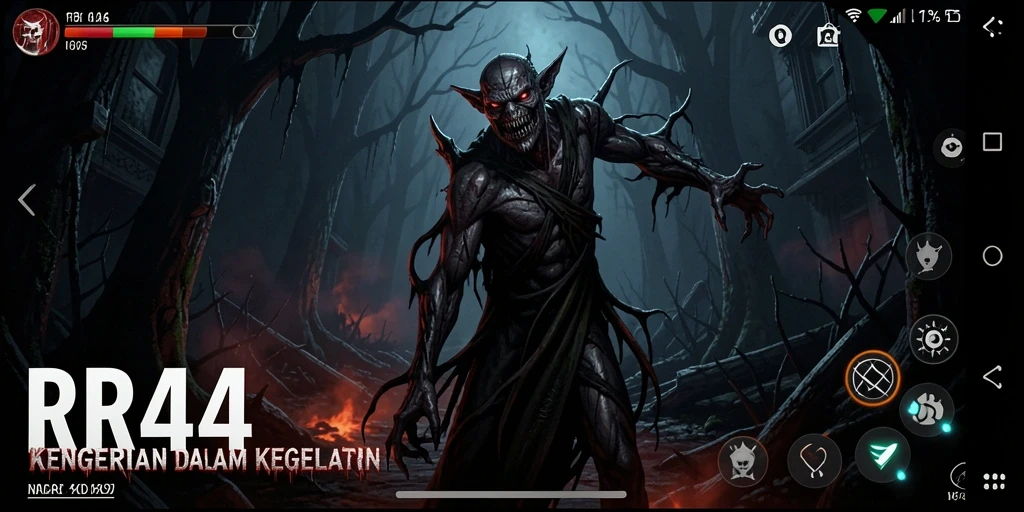 Tampilan gameplay yang mencekam dari RR44 dengan suasana gelap dan hantu.