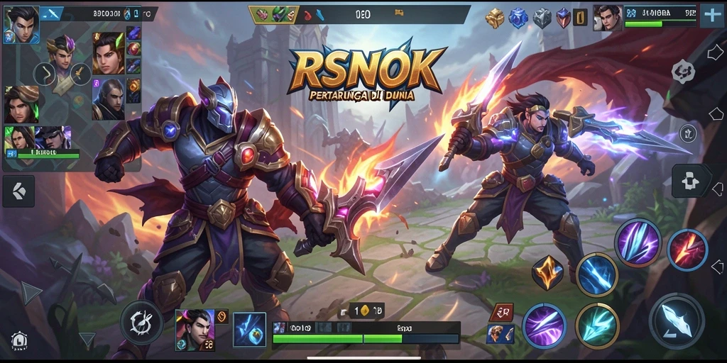 Screenshot gameplay RSNOK dengan aksi MOBA yang intens.