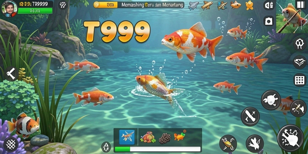 Tangkapan layar utama yang menunjukkan gameplay menarik T9999 saat memancing.