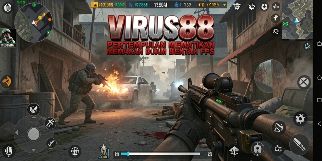 Menampilkan aksi intens dalam gameplay FPS VIRUS88.