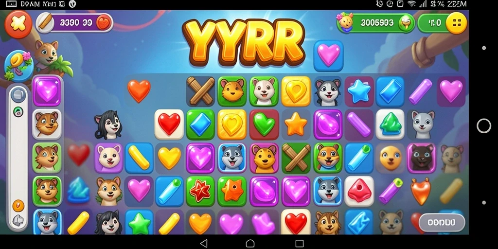 Tangkapan layar gameplay YYRR menunjukkan aksi mencocokkan permata yang seru.